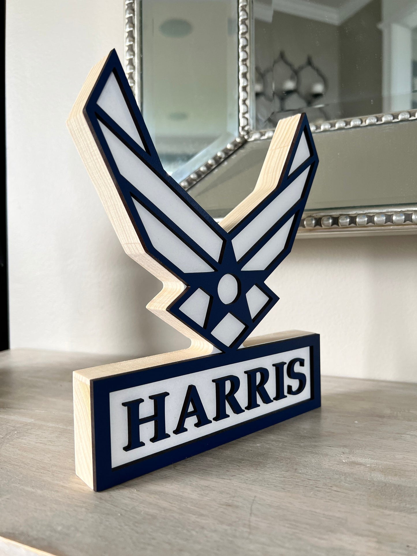 Air Force Emblem Standing Name Plate - Add Last Name, MOM, DAD, SISTER, Retired, Etc!