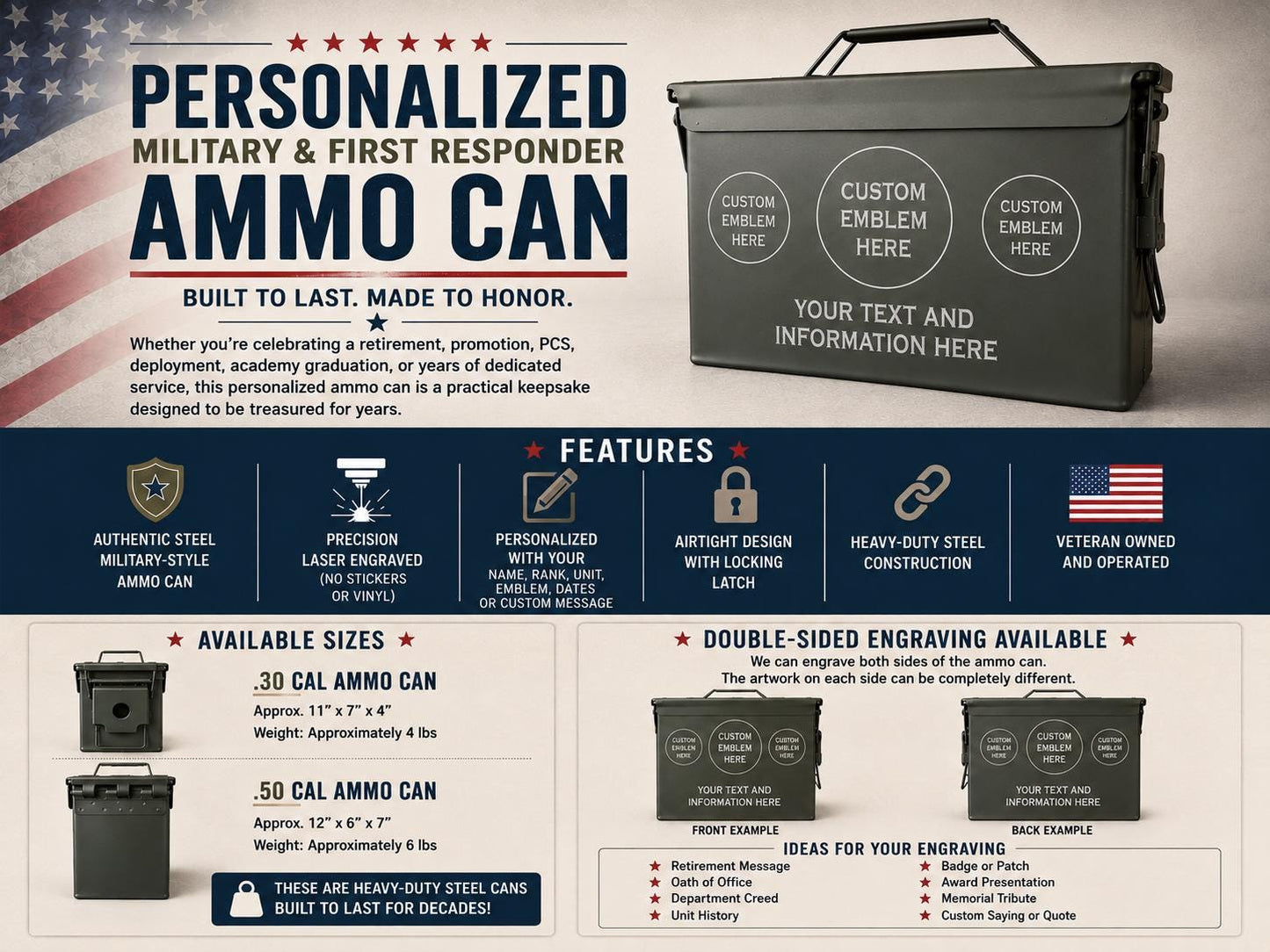 Custom Engraved Ammo Can- Your Emblems and Personalization Engraved!