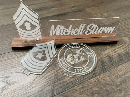 USMC Interchangable Name Plate and Rank. Perfect Addition to any Marine Desk Space! USMC Promotion Gift
