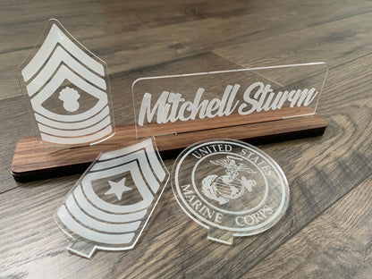 USMC Interchangable Name Plate and Rank. Perfect Addition to any Marine Desk Space! USMC Promotion Gift