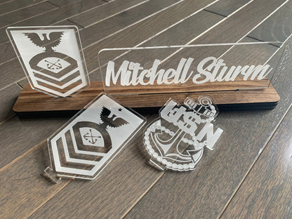 Navy Interchangable Name Plate and Rank. Perfect Addition to any NAVY Desk Space! NAVY Promotion Gift