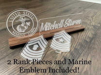 USMC Interchangable Name Plate and Rank. Perfect Addition to any Marine Desk Space! USMC Promotion Gift