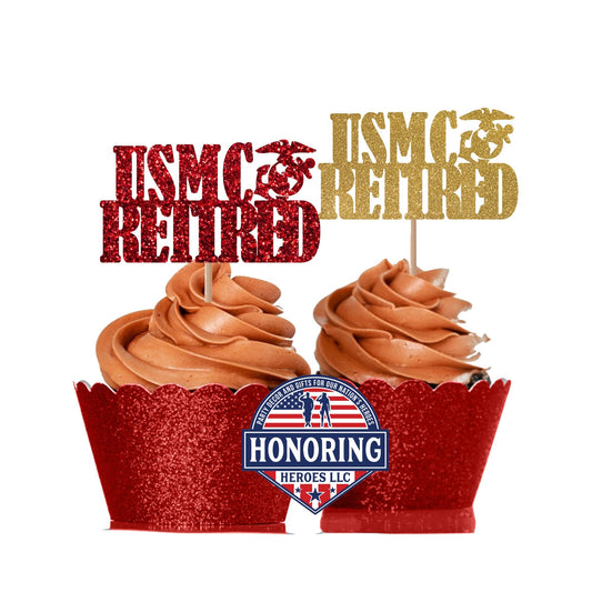 USMC Retired Cupcake Toppers, Marine Retirement Cupcake Toppers, USMC Retirement Party Decor, USMC Retired with Marine Emblem