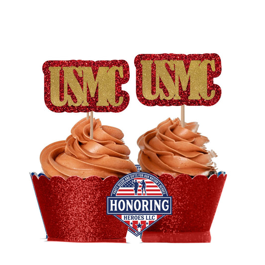 USMC Cupcake Toppers, Glitter Marine Party Decorations NO SHED!