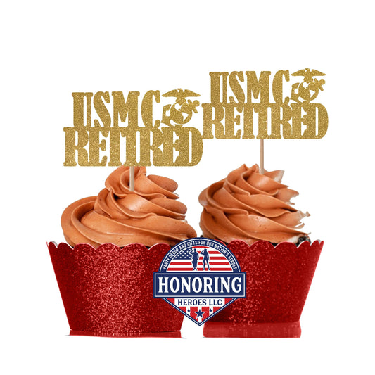 USMC Retired Glitter Cupcake Toppers, Marine Retirement Party Decor NO SHED!