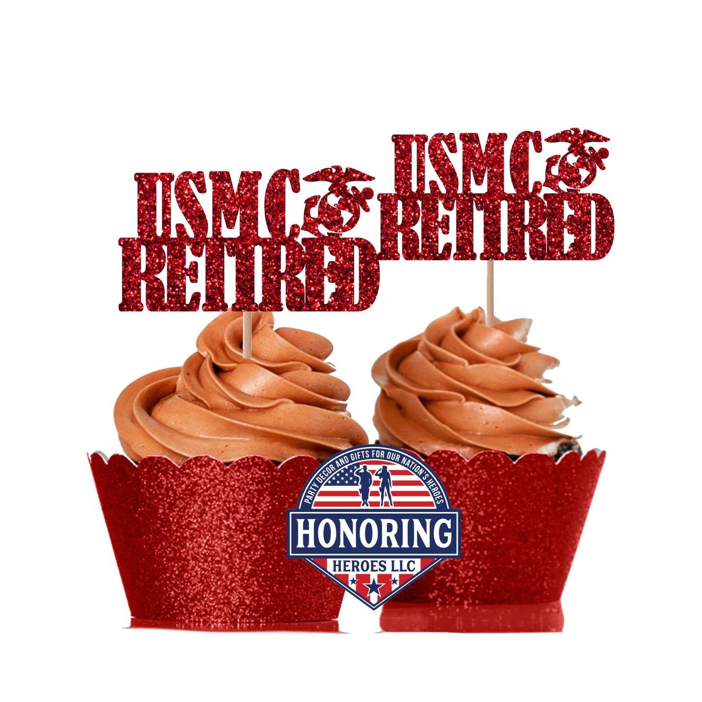 USMC Retired Cupcake Toppers, Marine Retirement Cupcake Toppers, USMC Retirement Party Decor, USMC Retired with Marine Emblem