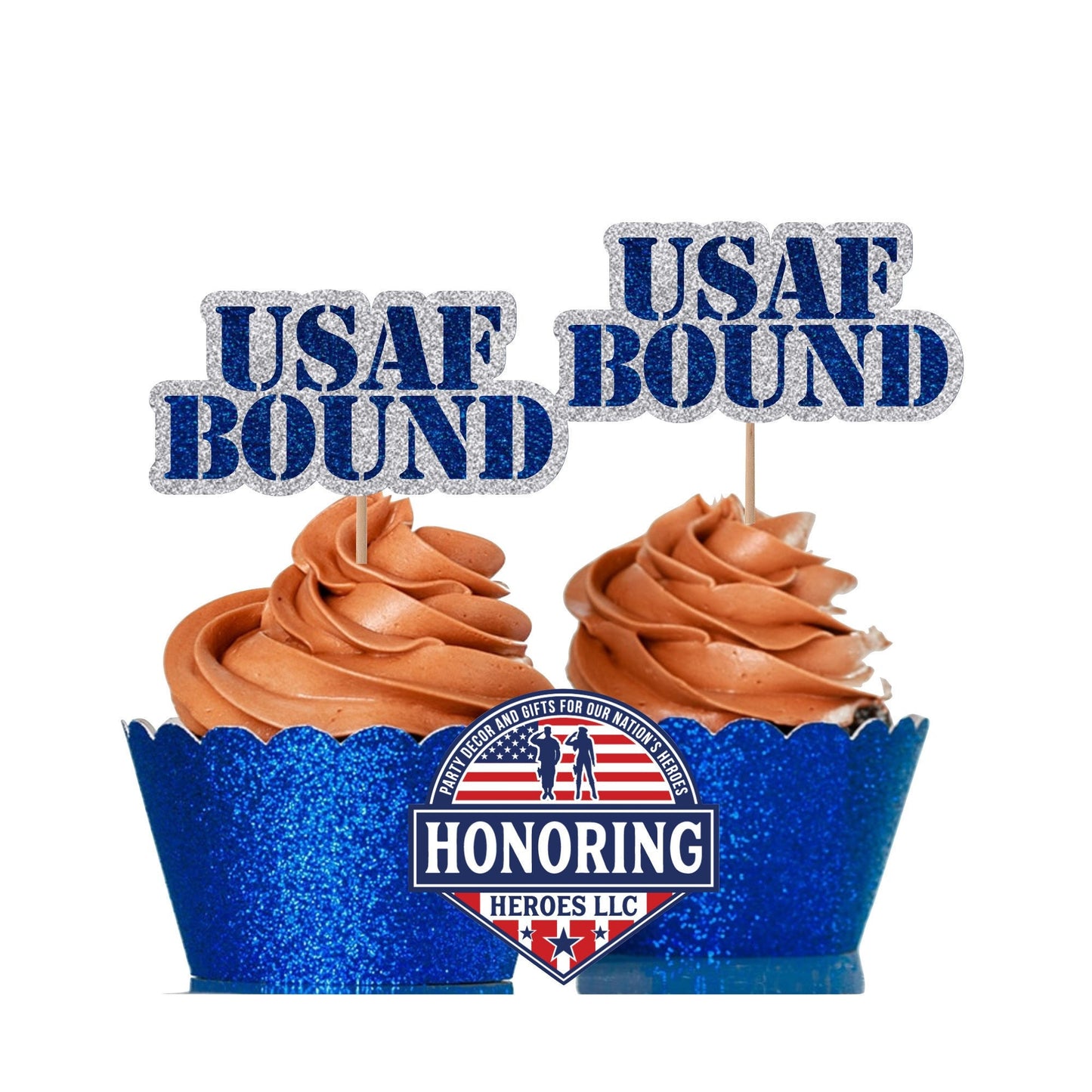 USAF Bound Glitter Cupcake Toppers, Air Force Party Decorations NO SHED!