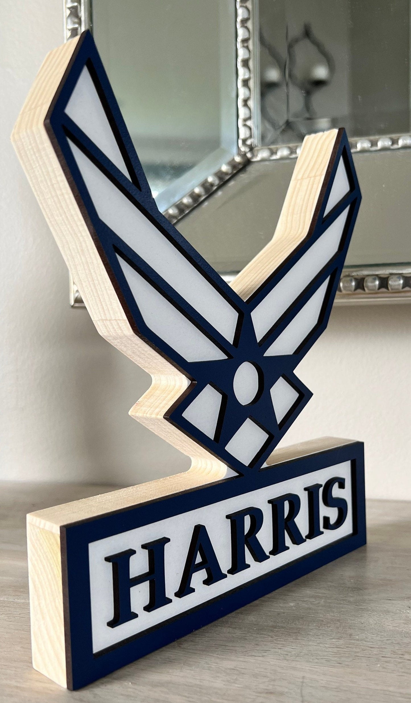 Air Force Emblem Standing Name Plate - Add Last Name, MOM, DAD, SISTER, Retired, Etc!