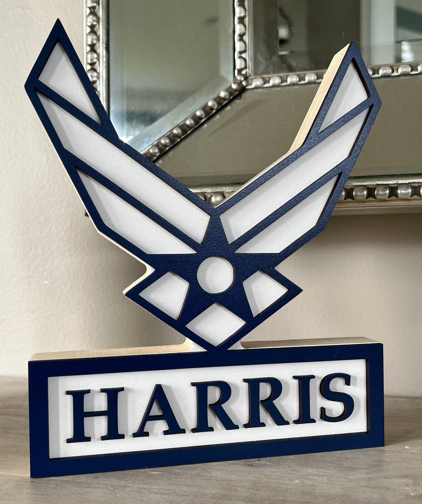 Air Force Emblem Standing Name Plate - Add Last Name, MOM, DAD, SISTER, Retired, Etc!