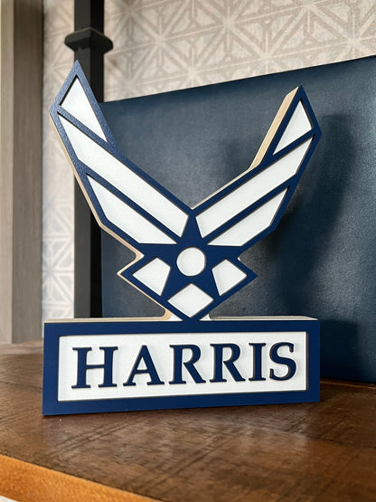 Air Force Emblem Standing Name Plate - Add Last Name, MOM, DAD, SISTER, Retired, Etc!