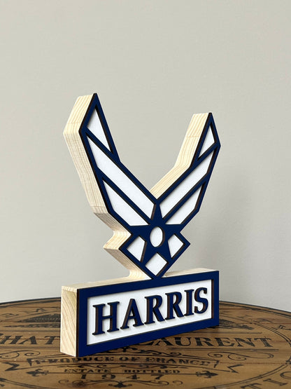 Air Force Emblem Standing Name Plate - Add Last Name, MOM, DAD, SISTER, Retired, Etc!