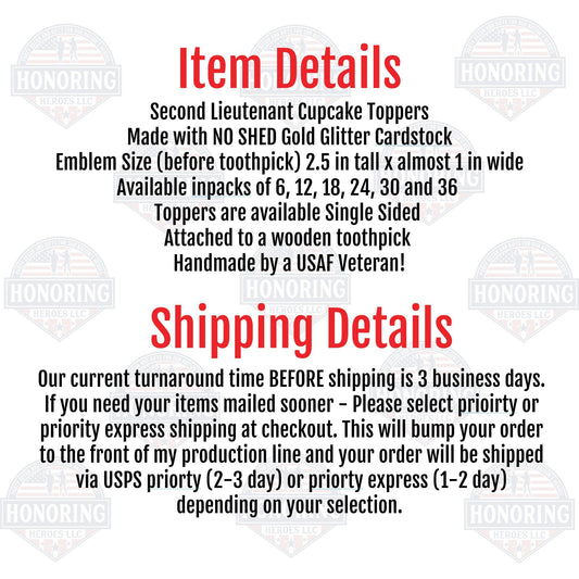 Military Second Lieutenant Glitter Cupcake Toppers - Set of 6 NO SHED!
