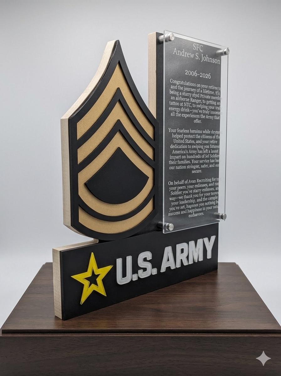 Custom United States ARMY Rank plaque with engraving and US ARMY Symbol