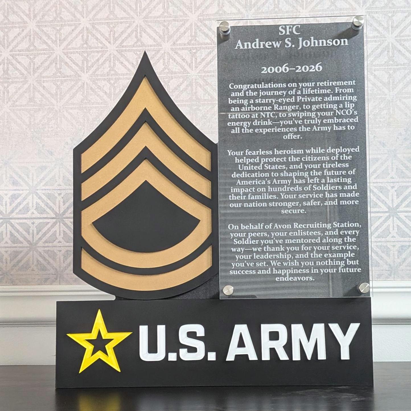 Custom United States ARMY Rank plaque with engraving and US ARMY Symbol