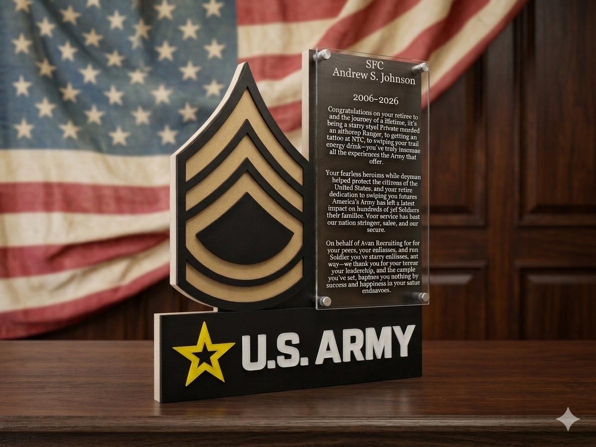 Custom United States ARMY Rank plaque with engraving and US ARMY Symbol